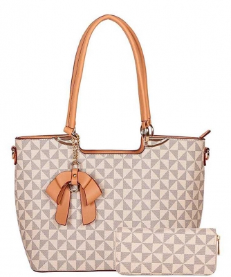 2 In1 Fashion Ribbon Checkered Tote Bag with Matching Wallet 007-8567W TAUPE